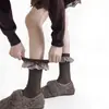 Calcetines Hechos a Mano de Encaje Dulce Otoño Invierno Lana de Oveja Cálidos Rayas Verticales Lazo Lateral Calcetines Acumulados a Media Pantorrilla Calcetines Cortos para Niñas