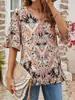 Amazon Transfronteiriça Verão 2025 Novo Camiseta Feminina Europeia e Americana com Decote V Estampada Casual Manga Sino Top