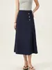 Saia Azul Marinho com Design de Botão Lateral Dourado, Cintura Alta, Corte Evasê Fluido, Saia Simples e Elegante para Traje de Escritório