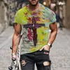 Camiseta estampada de manga corta con cuello redondo para hombre, patrón de cruz retro de verano, comercio exterior transfronterizo, nueva