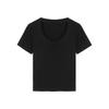 Camiseta Simples de Cor Sólida com Decote U para Mulheres Verão 2024 Novo Estilo Coreano Slim Versátil Manga Curta Top Estudante Ins Trend