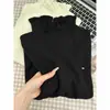 Deslumbrante suéter de tricô rendado com gola semi-alta para mulheres, adequado para outono e inverno, perfeito para usar em camadas, com bordas plissadas, macio e aconchegante