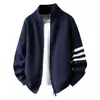 Cardigan masculino com zíper duplo e gola alta, outono/inverno, estilo casual e sofisticado, modelagem solta, tricô com três listras