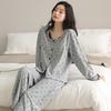 Pijama de Algodón Elástico Estilo Primavera y Otoño para Mujer, Cárdigan de Cuello Redondo, Conjunto de Pantalón de Manga Larga, Dibujo Animado Lindo, Holgado y Casual para Usar Como Ropa Exterior