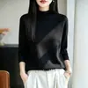 Nuevo top de punto de algodón puro para mujer, cuello medio alto, dobladillo enrollado para principios de otoño, camiseta básica de manga tres cuartos, 2026, holgado, color liso