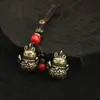 Llavero de Gato de la Suerte de Latón Macizo Retro Chino Cuerda Tejida Cobre Monedas de los Cinco Emperadores Colgante para Llave de Coche Original