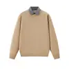 Novo suéter de tricô falso de duas peças para comércio exterior transfronteiriço com gola virada, jaqueta suéter polo de textura vintage pesada para homens, suéter de tricô