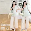 Novo Conjunto Maternidade Verão 2026: Blusa de Renda com Decote V + Calça Reta de Nove Pontos