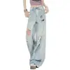 Jeans anchos de estilo retro americano de alta costura con salpicaduras de pintura y rotos para mujer, nuevo diseño de primavera y otoño, pantalones rectos casuales de nicho