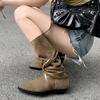 Botas Retrô de Cadarço Bico Fino Estilo Celebridade da Internet Cano Médio Salto Grosso Botas Western Confortáveis Macias Versáteis Botas Estilo Coreano