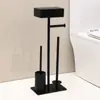 Suporte de chão para papel higiênico em aço inoxidável com bandeja, suporte para escova de vaso sanitário sem furar e prateleira de armazenamento