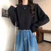 Suéter macio e aconchegante com gola redonda para mulheres, novo estilo outono e inverno, corte casual solto, pulôver emagrecedor, top de tricô curto de manga longa para mulheres