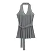 Top Tank Sexy Halter con Cuello en V para Mujer Estilo Americano Spicy Girl, Diseño de Verano con Tirantes, Corte Ajustado, Pedrería Brillante, Camisola Transparente