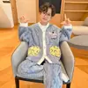Otoño e Invierno Franela Solapa Forro Polar Botones Ropa de Casa para Niños Traje de Dibujos Animados Pijama de Niños Terciopelo de Coral Engrosado