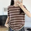 26 Primavera/Verano Nuevo Algodón Puro Tejido Estilo Coreano Bloque de Color Rayas Manga Corta Mujer Holgado Adelgazante Cuello Redondo Camiseta Top