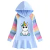 Vestido de Algodão Novo de Outono com Unicórnio para Meninas Vestido Cartoon Arco-Íris Vestido Suéter com Capuz de Manga Longa Infantil