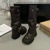 Otoño 2026 Hebilla de Cinturón Nueva Botas de Montar de Tacón Grueso Negro Botas de Pantalón para Mujer Botas Versátiles Adelgazantes de Media Pantorrilla Botas para Mujer