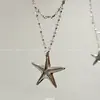 Colar Longo de Estrela-do-Mar Prateada Dupla Camada Doce e Cool para Mulheres, Acessório de Pescoço Corrente de Suéter Estilo Vintage Y2K Milênio