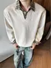 Moletom Old Money Falso Duas Peças com Padrão Espiga de Trigo para Homens, Outono Retrô Americano Manga Longa Camada Base Tendência Solto Camisa POLO