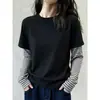 Camiseta de Manga Larga de Algodón Puro con Rayas Patchwork Falso de Dos Piezas Color Café Hombro Normal Estilo Coreano Reductora de Edad Adelgazante Top de Sensación de Alta Gama para Mujer