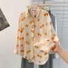 Foto Real de Outono e Primavera Nova Blusa Cardigan de Algodão e Linho Estampada Elegante Gola Quadrada Fresca de Manga Longa Camisa Solta para Mulheres