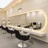 Estación de Espejo de Peluquería de Moda con Espejo Colgante Grande e Iluminación para Peluquería, Coloración y Corte