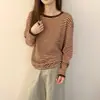 Camiseta listrada color block CH*I para mulheres, nova coleção de outono de 2026, vintage, modelagem relaxada, gola redonda, top casual versátil