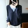 Conjunto de dos piezas para mujer de principios de otoño, top de punto de cuello redondo, diseño nuevo, lana de hilo fino con colores contrastantes, estilo jersey