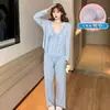 Pijama de Algodón Otoño/Invierno para Mujer 6535 Juego de Tres Piezas con Almohadillas en el Sujetador (Desmontable) Conjunto Dulce y Femenino Ropa para Casa