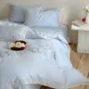 Conjunto de quatro peças de algodão lavado de grau A com renda, fresco e simples, para dormir nu, capa de edredom com bordado floral pastoral, roupa de cama para quarto principal 4