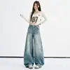 Jeans americano de lavagem pesada com efeito desgastado em azul claro, para mulheres, modelo novo do início do outono de 2026, corte solto, modelador, casual e com curvas