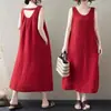 Nuevo Vestido Rojo Romántico Estilo Verano, Largo Medio Estilo Francés Holgado Estilo Vacaciones de Algodón y Lino sin Mangas, Transpirable y Cubre Vientre
