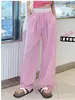 Calças largas xadrez de cor contrastante para mulheres, calças casuais retas de cintura alta com cordão, calças fluidas compridas pretas e amarelas