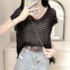 Blusa de Punto Calado con Cuello en V Negro para Mujer, Diseño de Verano Delgado, Sensación de Nicho, Suelta, Ajustada, Chaleco Exterior