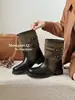 Botas de caballero para mujer de pierna ancha con hebilla 2026 nuevas de verano con tacón grueso, botas largas estilo Martin en color lino con bloques de color, botas de vaquero occidentales