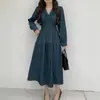 Chic Coreano Temperamento Francés Cuello en V Diseño de Rayas Cintura ceñida Adelgazante Pana Vestido Mujer