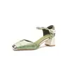 2319-12 Sapatos Femininos Estilo Nacional Novo Estilo Chinês Salto Grosso com Tira de Saia Mary Jane Sandálias de Verão com Biqueira Fechada e Parte Traseira Aberta