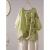 Camisa vintage bordada estilo chinês artístico, modelagem solta, emagrecedora, leve, com mangas curtas, tipo pulôver para o verão
