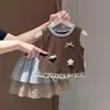 Conjunto de Niña Verano Nuevo Estilo Coreano Chic Chaleco con Lazo Bebé Falda a Cuadros Dos Piezas