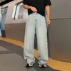 Jeans largo azul claro da moda com strass para homens, calça jeans versátil de cintura alta, perna reta solta, estilo americano