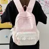 Mochila Xadrez Casual Feminina Doce de Renda Estilo Coreano para Estudantes Universitários Tendência Alta Aparência Grande Capacidade Bolsa Escolar