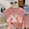 Conjunto de Manga Curta para Meninas Verão Shorts Largos Bebê Comércio Exterior Transfronteiriço Versão Coreana Desenho Animado Casual Pequena Menina Estilo Princesa