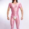 Body Masculino Plus Size P M Manga Curta Abertura no Gancho Brilhante Sedoso Sexy Liso Alta Elasticidade Tamanho Grande