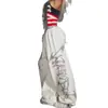 Calça Casual Esportiva de Moletom Outono Unissex Estilo de Rua Retrô Americano com Strass Letra Gótica Solta Reta Caimento Leve