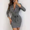 2026 Novo Estilo Elegante e Sexy Vestido para Mulheres com Gola de Terno Ajustado, Cinto, Estampa Xadrez Vichy e Manga de Sete Quartos