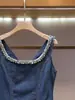 Vestido-colete Jeans de Verão Novo de Alta Qualidade para Mulheres, Moda Francesa Elegante com Detalhes de Diamante e Decote Quadrado