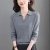2026 Primavera/Outono Novo Estilo Gola Polo Malha Camada Base Lapela Meia-idade Manga Longa Versátil Redutor de Idade Emagrecedor Top para Mulheres