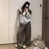 Pantalones anchos de estilo retro americano con estampado de leopardo, nueva colección de otoño, de cintura alta, pierna recta, pantalones casuales, pantalones largos anchos retro y elegantes para mujer