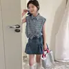 Conjunto de Camisa Sem Manga Xadrez Estilo Coreano para Meninas 2026 Novo Design Verão Top com Gola e Saia Jeans