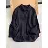 Camisa Transpirable con Solapa Negra Estilo Old Money para Mujer, Prenda Exterior Holgada y Delgada Estilo Perezoso, Top Camisa para Aire Acondicionado